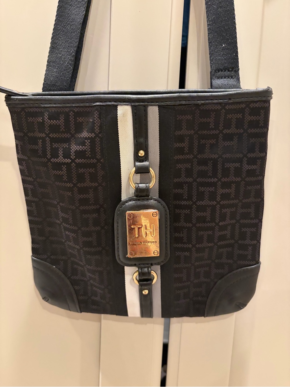 Tommy Hilfiger Black Shoulder Bag with White Center Stripe